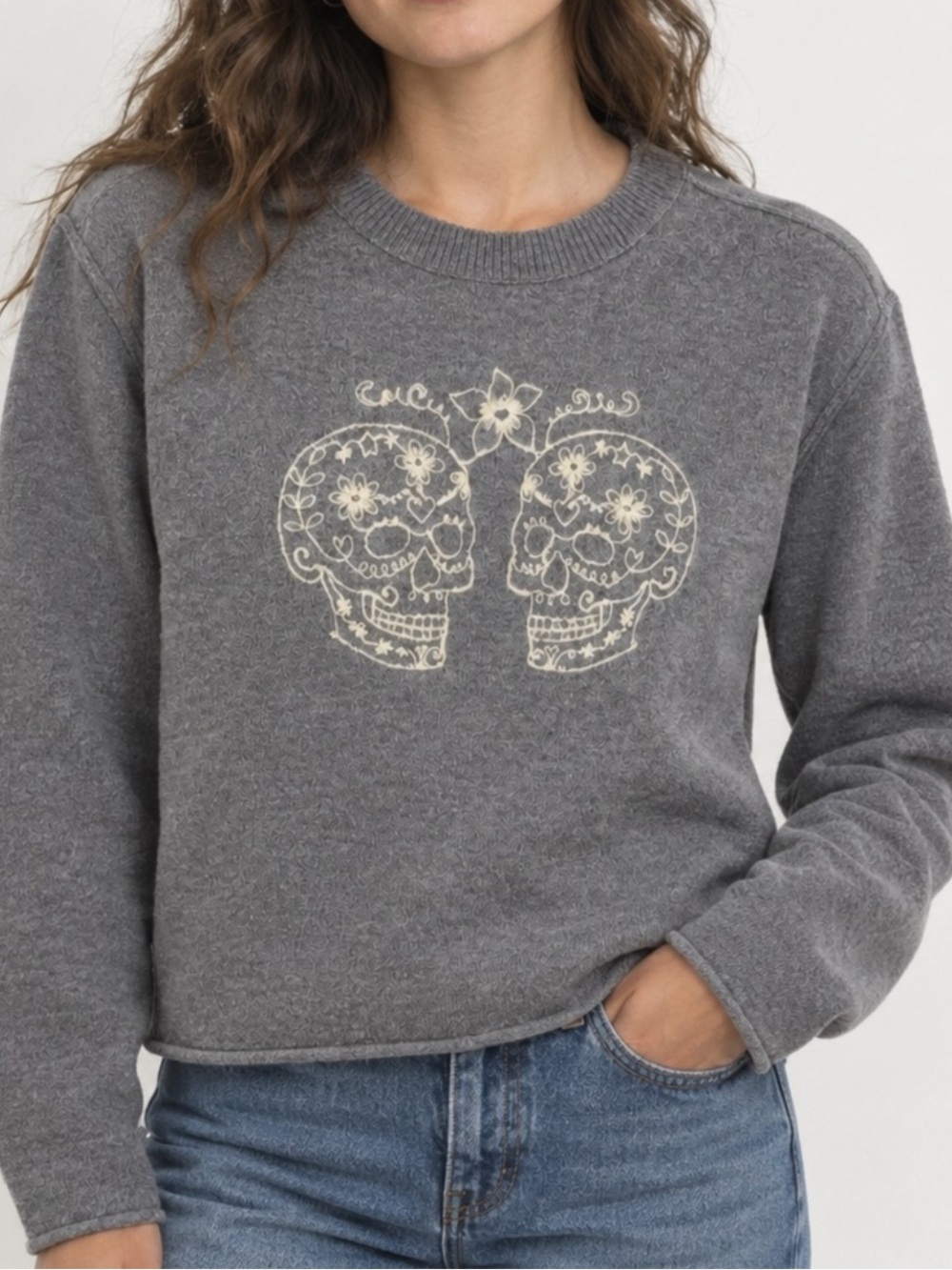 Haute Hippie Embroidered Sugar Skull Crewneck Sweater Raw Edge Hems Sz M NWT